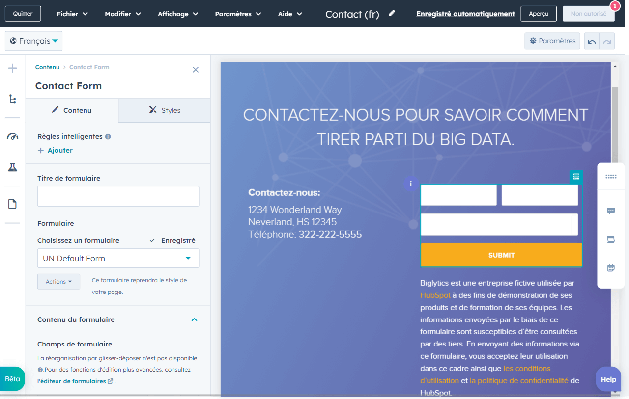 Exemple de formulaire de contact sur l'outil de création de sites web basés sur l'IA