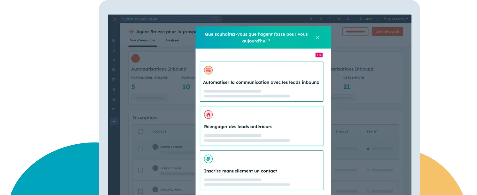 Interface utilisateur de HubSpot montrant un utilisateur interagissant avec l'outil d'agent pour la prospection Breeze et pour décider s'il souhaite que l'agent automatise la communication avec les des leads inbound, réengage les leads précédents ou inscrive manuellement un contact
