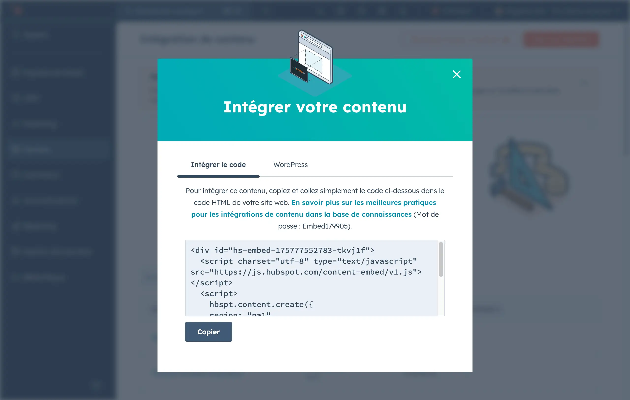 interface utilisateur pour l'intégration de contenu permettant de copier et de coller le code