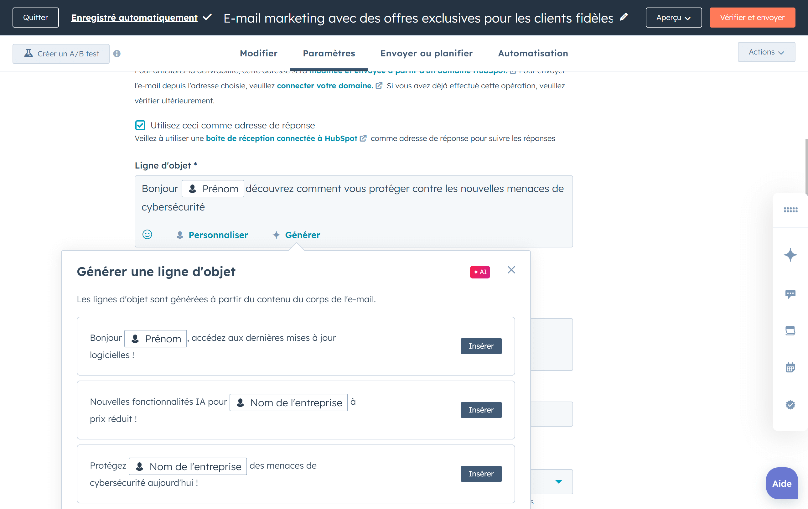 Utilisation de l'IA pour rédiger des lignes d'objet personnalisées