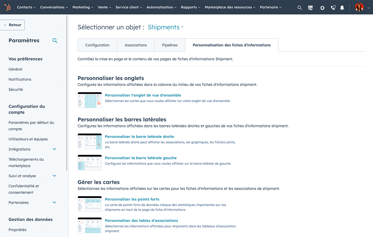 Vue de la fenêtre de configuration des objets personnalisés