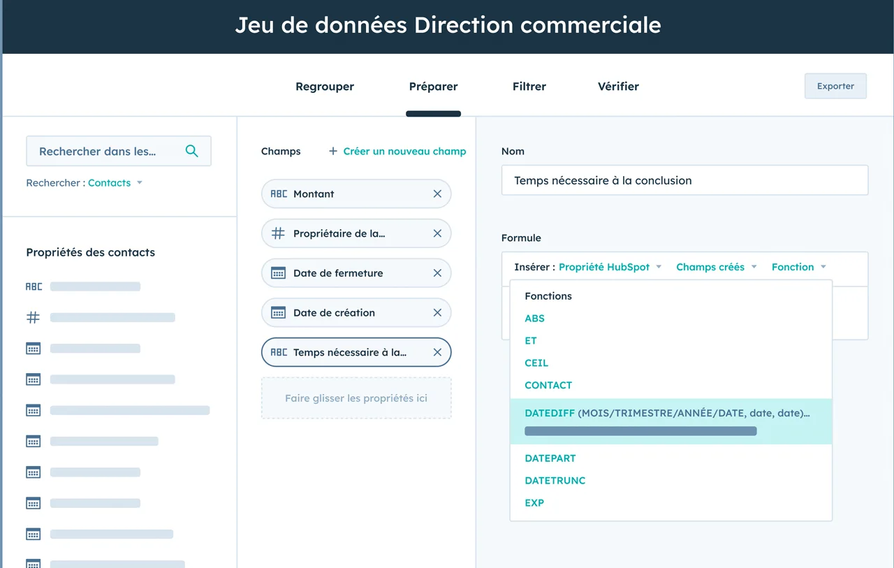 Vue de la fonction datasets dans le logiciel HubSpot