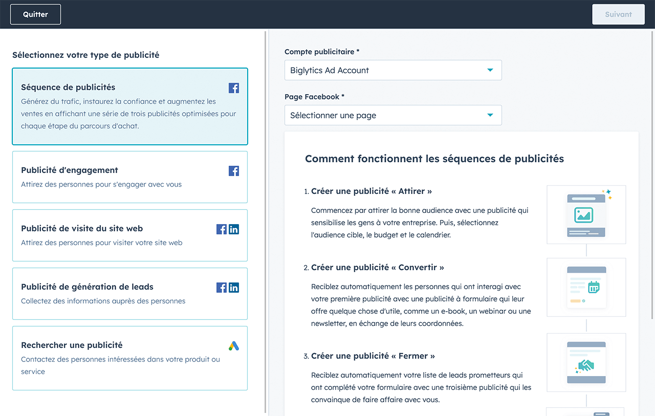 Automatisation des publicités Facebook et réseaux sociaux dans le logiciel de gestion de campagne publicitaire de HubSpot