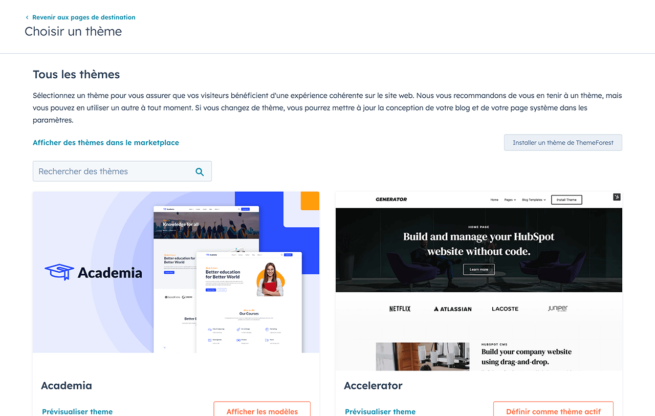 choix d'un modèle de landing page parmi la bibliothèque HubSpot