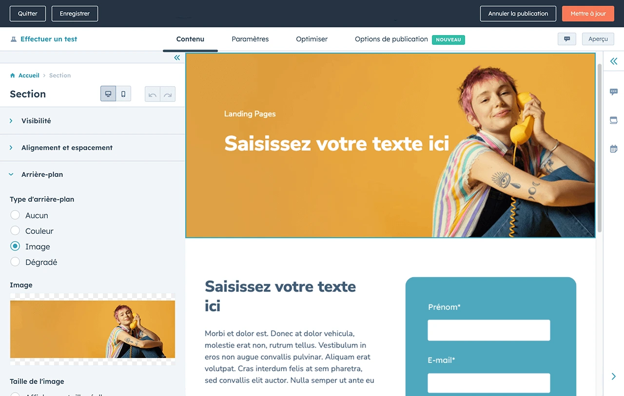 Personnalisation du design de l'arrière-plan d'une landing page