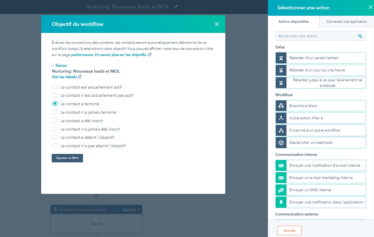 Options d'objectif de workflow dans le logiciel de marketing automation de HubSpot
