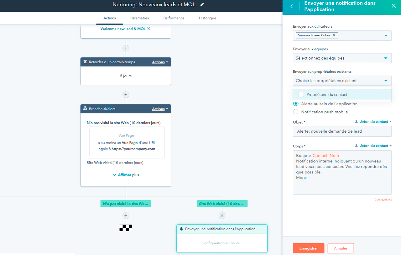 Envoi de message in-app personnalisé dans l'outil de marketing automation de HubSpot