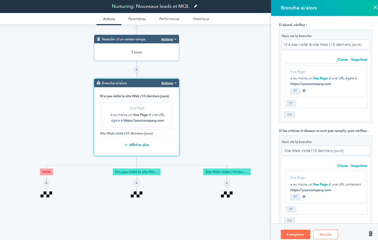 Interface d'ajout de branche si/alors dans l'outil de marketing automation de HubSpot 