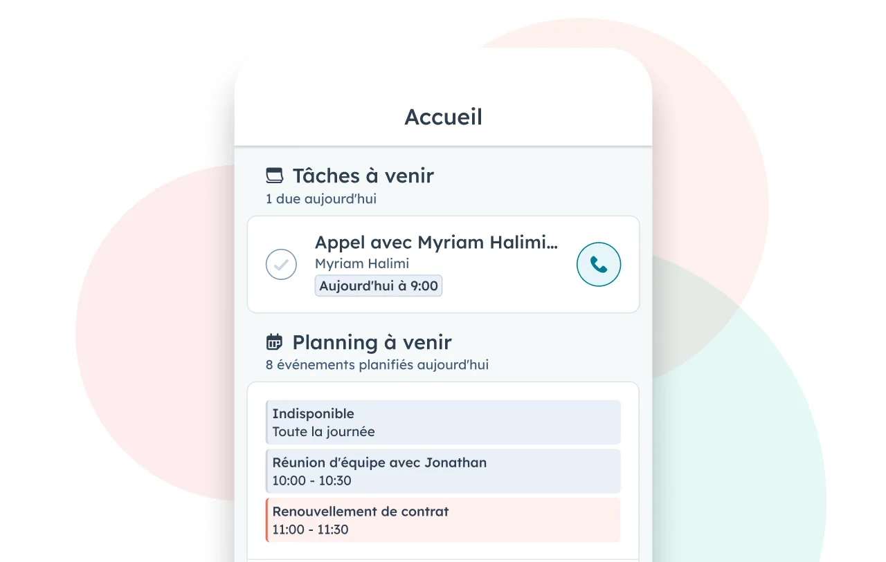 Tâches et réunions à venir dans l'application CRM mobile HubSpot