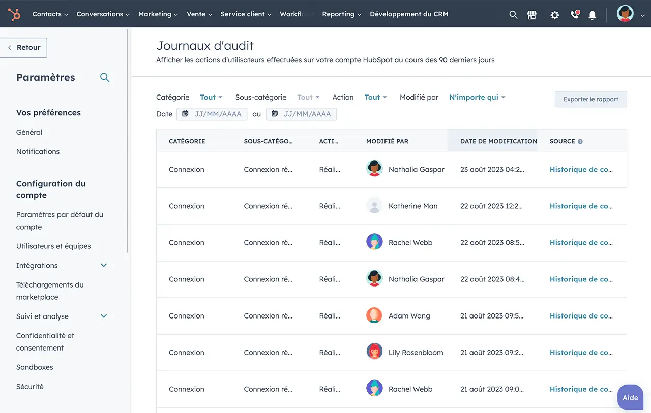 Emplacement dans HubSpot où accéder aux journaux d'audit et créer des rapports sur les différentes actions des utilisateurs dans leur compte