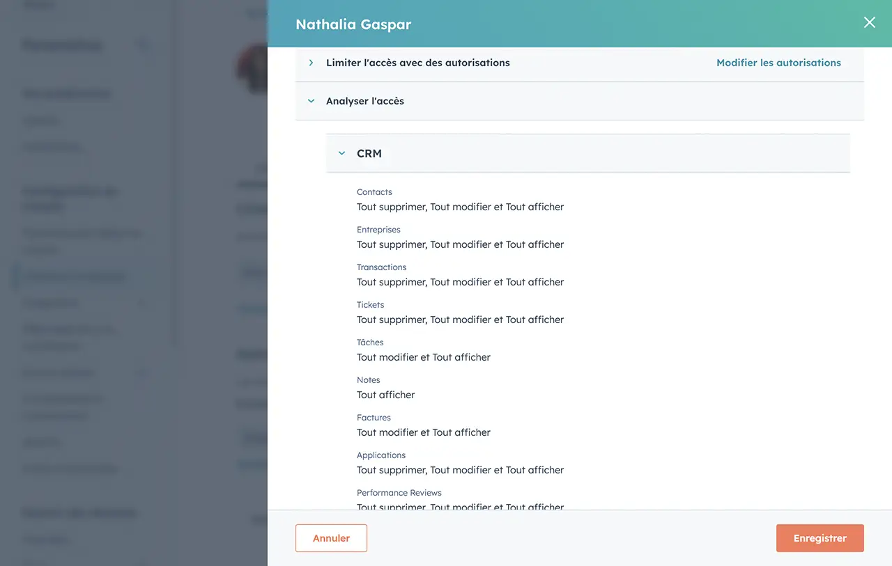 Gestion des autorisations d'une utilisatrice dans HubSpot