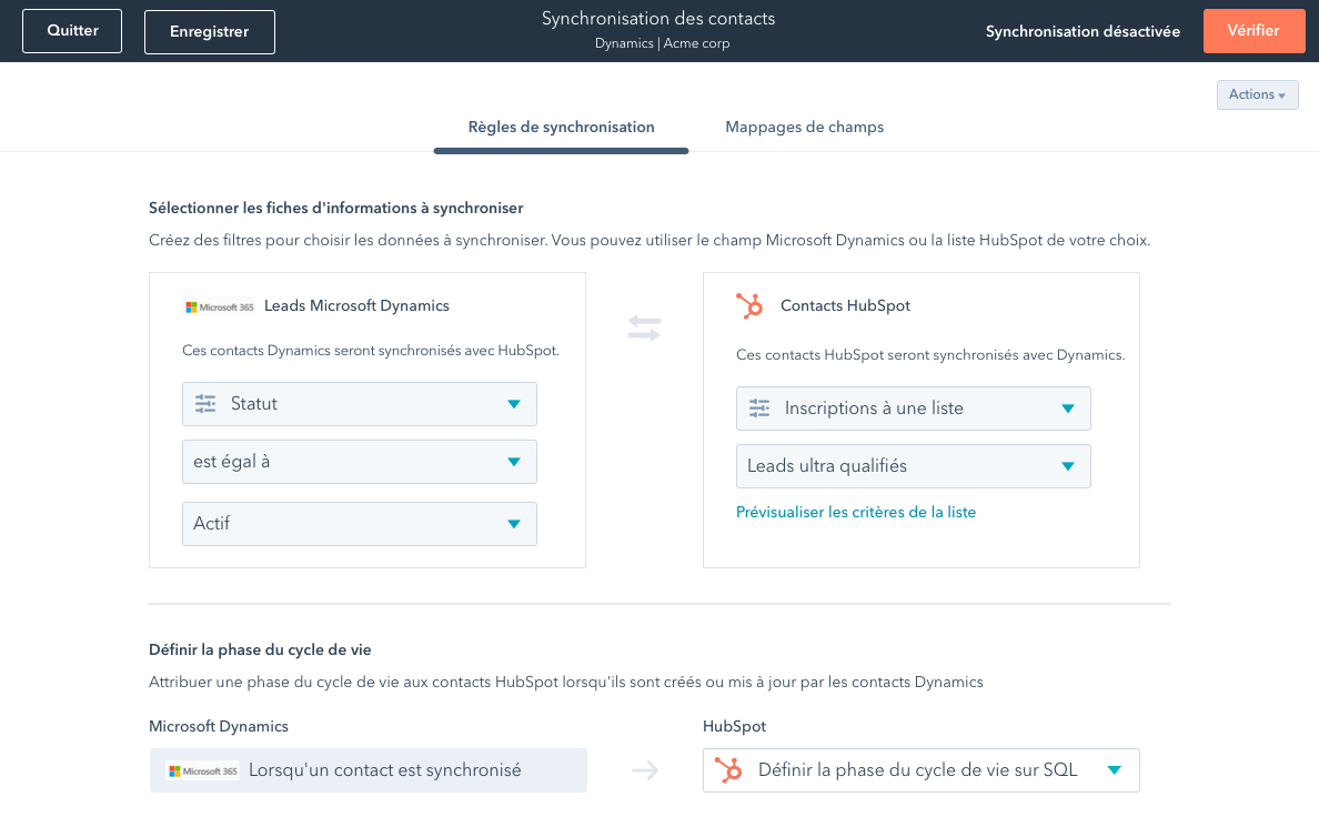 synchronisation des contacts Microsoft et HubSpot