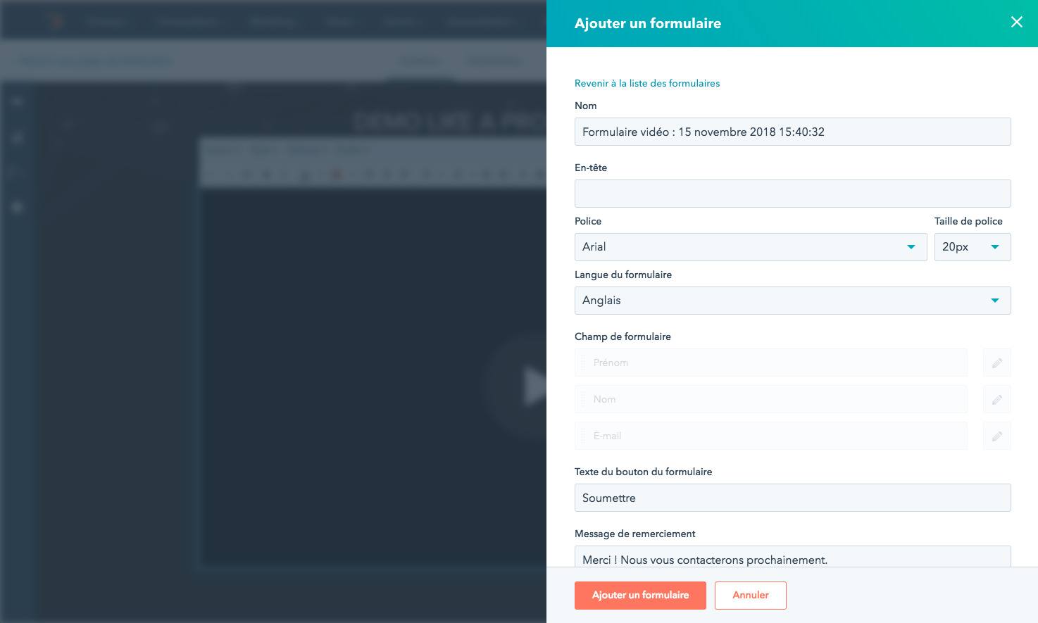 Outil d'hébergement vidéo de HubSpot montrant l'ajout d'un formulaire à une vidéo