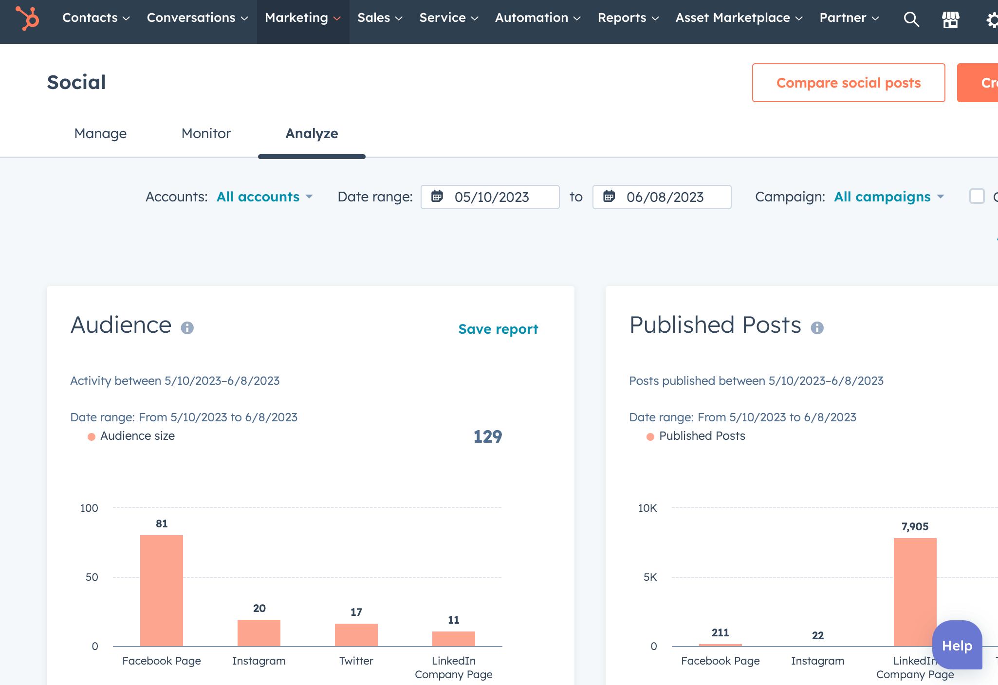 Reporting social media dans HubSpot