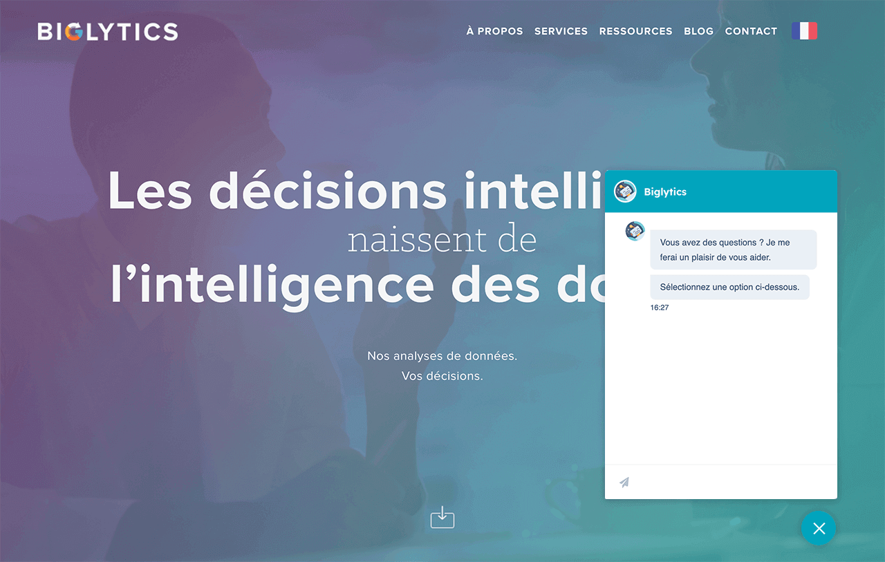 Exemple de chatbot gratuit HubSpot pour l'entreprise Biglytics