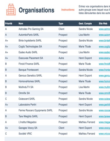 modèle excel crm organisations