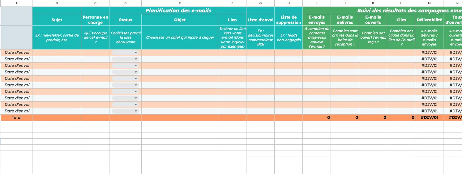 Modèle Excel de plan de campagne d'emailing : Suivi des e-mails