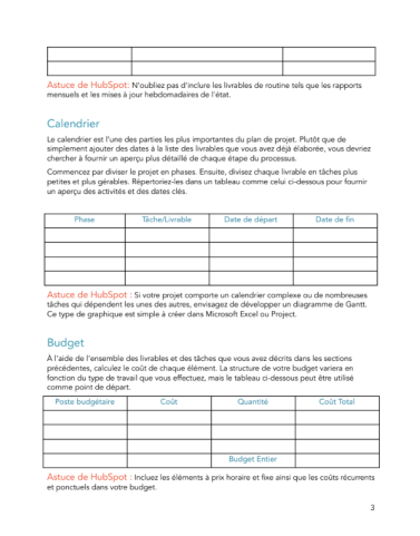 Tableau plan de projet